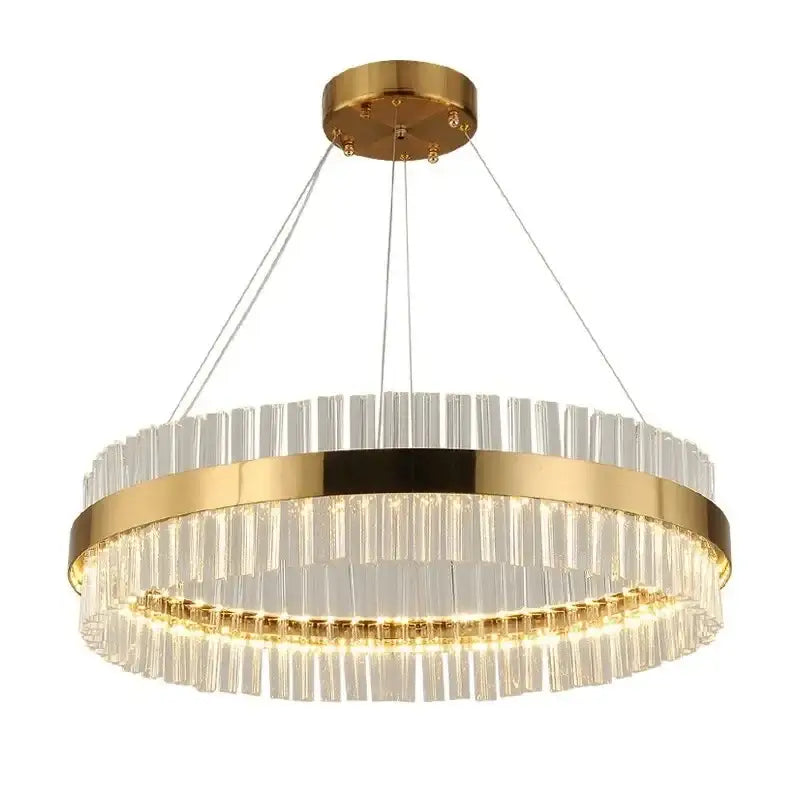 Modern gold crystal led ring chandelier with clear glass rods and sleek metallic frame for dining room lighting decorbites crystal led
