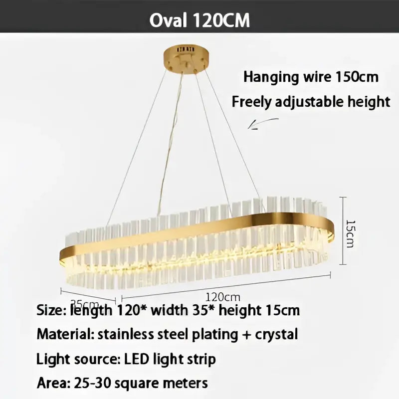 Oval-shaped modern gold crystal led ring chandelier with stainless steel frame and LED light strip for dining room lighting fixture