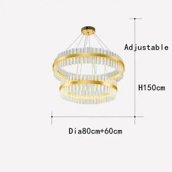 Modern gold crystal led ring chandelier with double rings, clear crystal rods, and adjustable height for dining room decorbites crystal led pendant light