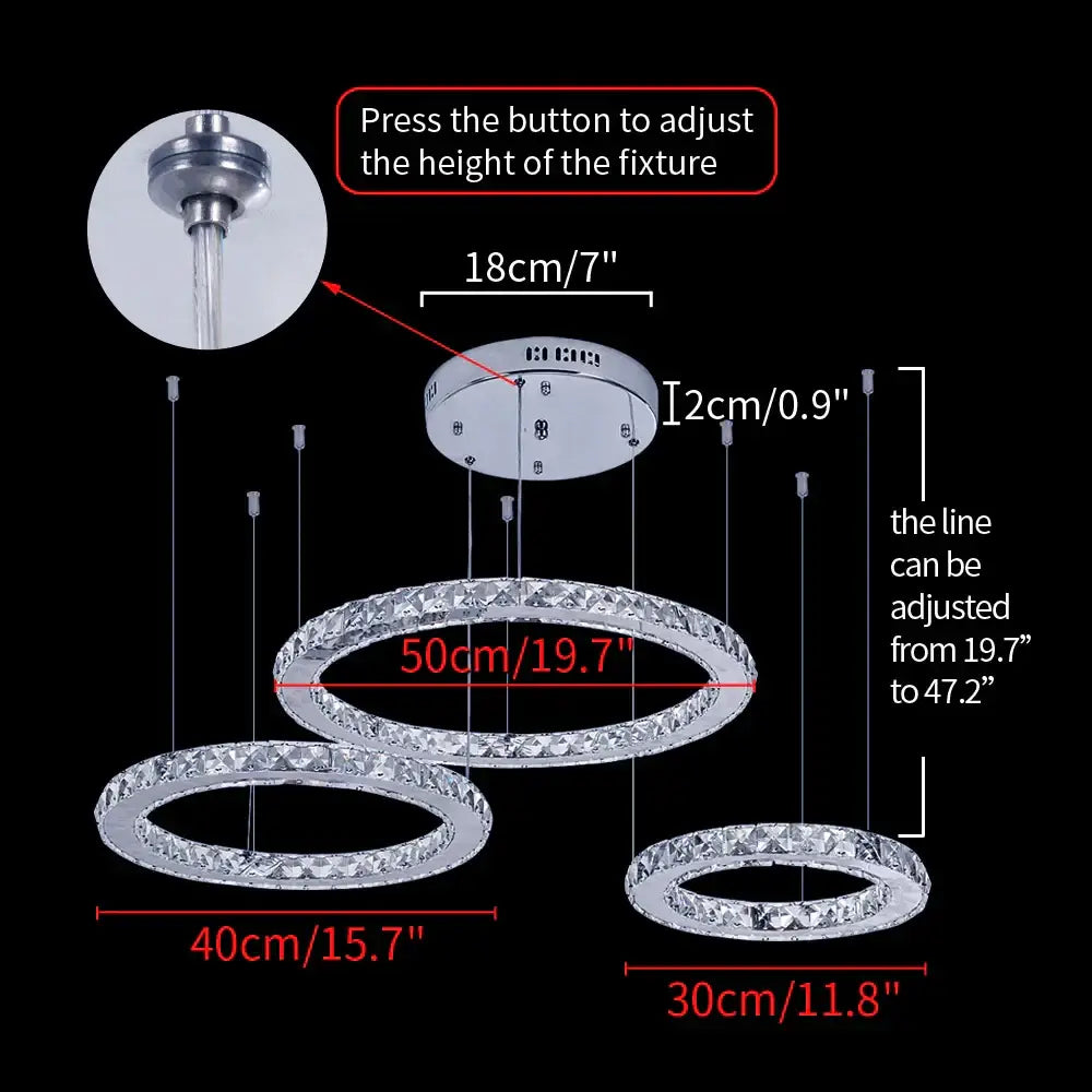Adjustable height modern gold crystal led ring chandelier with three illuminated tiers for living room decorbites crystal led