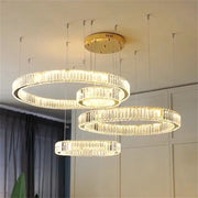 Modern gold crystal led ring chandelier with tiered concentric crystal prisms for stairwell decorbites crystal led lighting