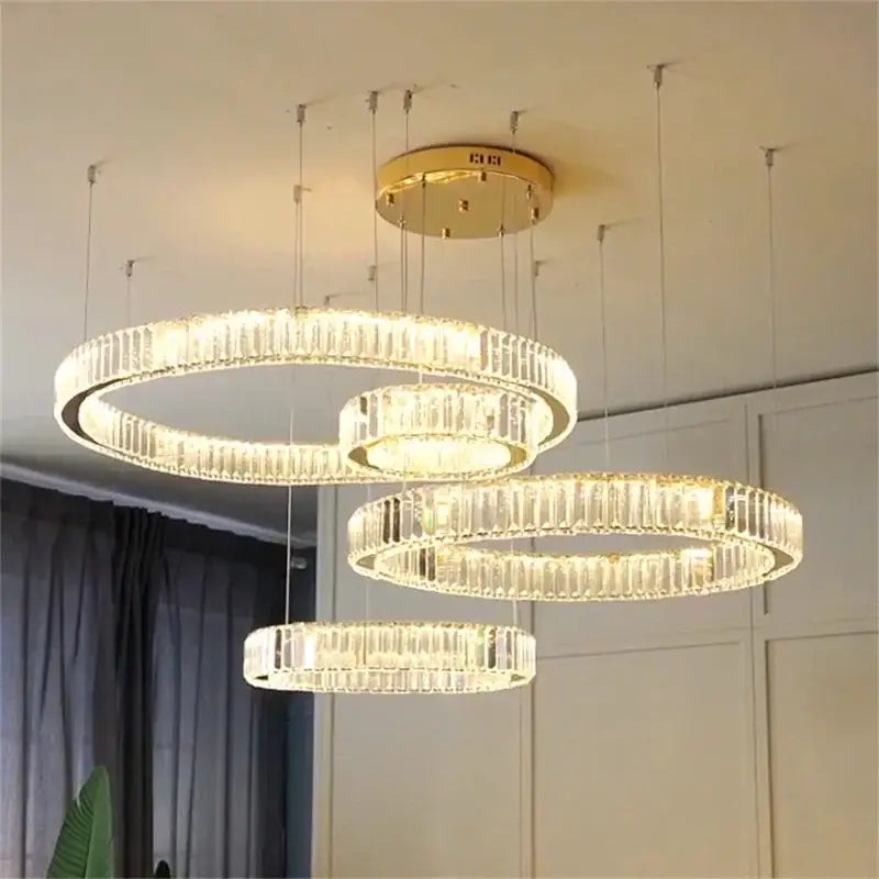 Modern gold crystal led ring chandelier with tiered concentric crystal prisms for stairwell decorbites crystal led lighting