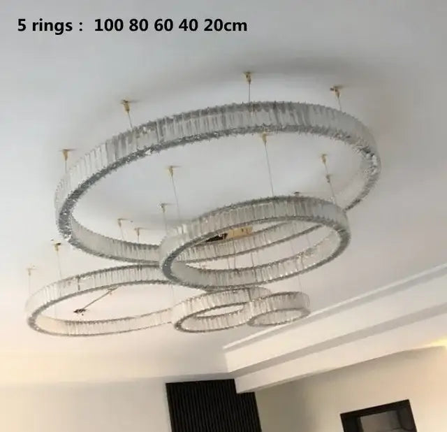 Modern gold crystal led ring chandelier with five concentric clear crystal prisms for stairwell decorbites crystal led