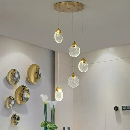 Modern gold crystal led stair pendant light with five spherical crackled glass globes for decorbites crystal led stair decor