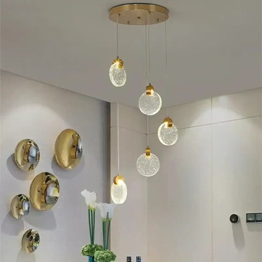 Modern gold crystal led stair pendant light with five spherical crackled glass globes for decorbites crystal led stair decor