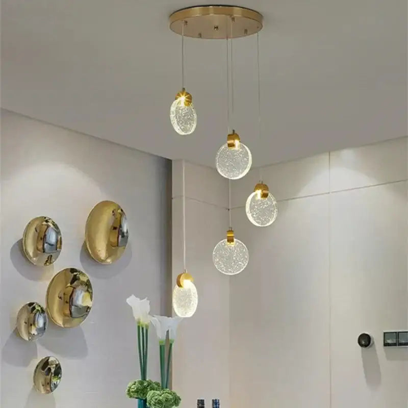 Modern gold crystal led stair pendant light with five spherical crackled glass globes for decorbites crystal led stair decor