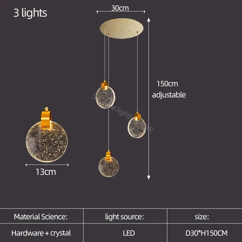 Modern gold crystal led stair slinglight pendant light with three spherical glass shades by decorbites crystal led