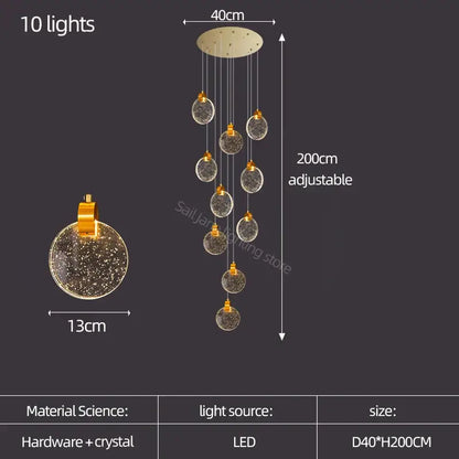 A modern gold crystal led stair slinglight with ten spherical pendants and adjustable 200cm design by decorbites crystal led