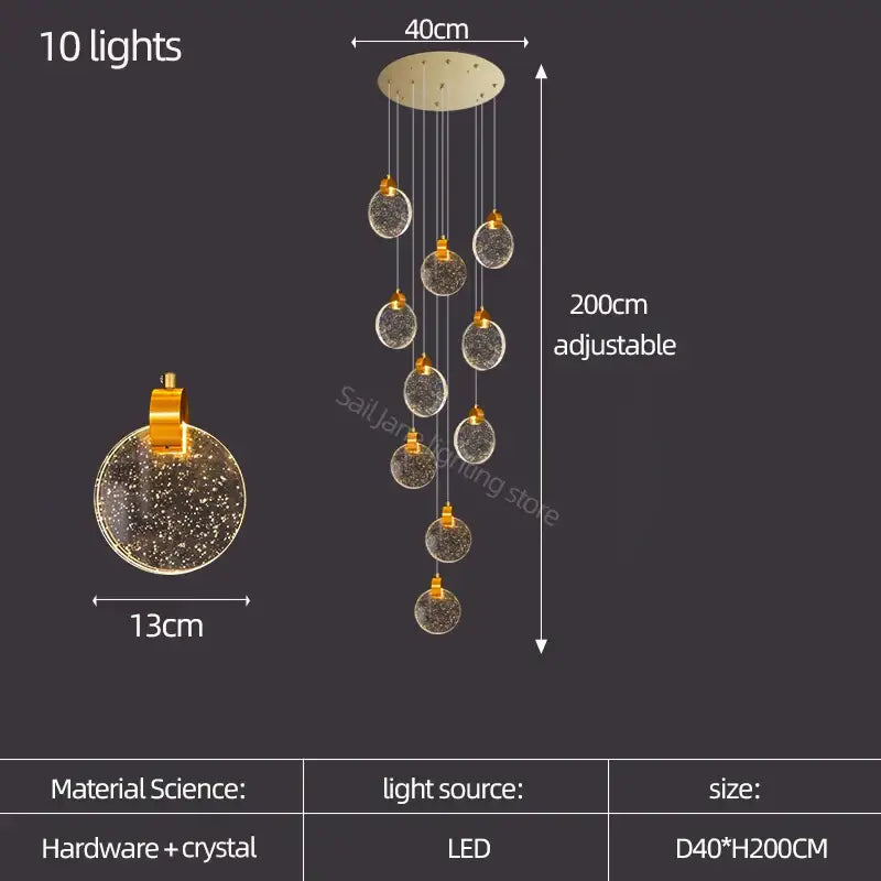 A modern gold crystal led stair slinglight with ten spherical pendants and adjustable 200cm design by decorbites crystal led