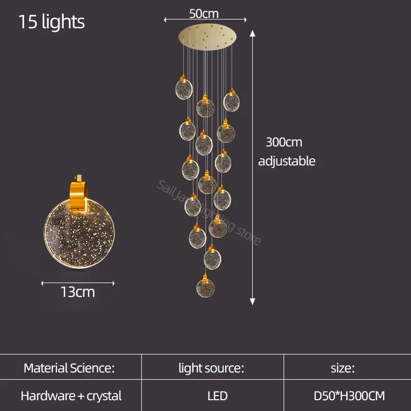 Modern gold crystal led stair slinglight with 15 hanging crystal spheres and adjustable height brass fixture by decorbites crystal led