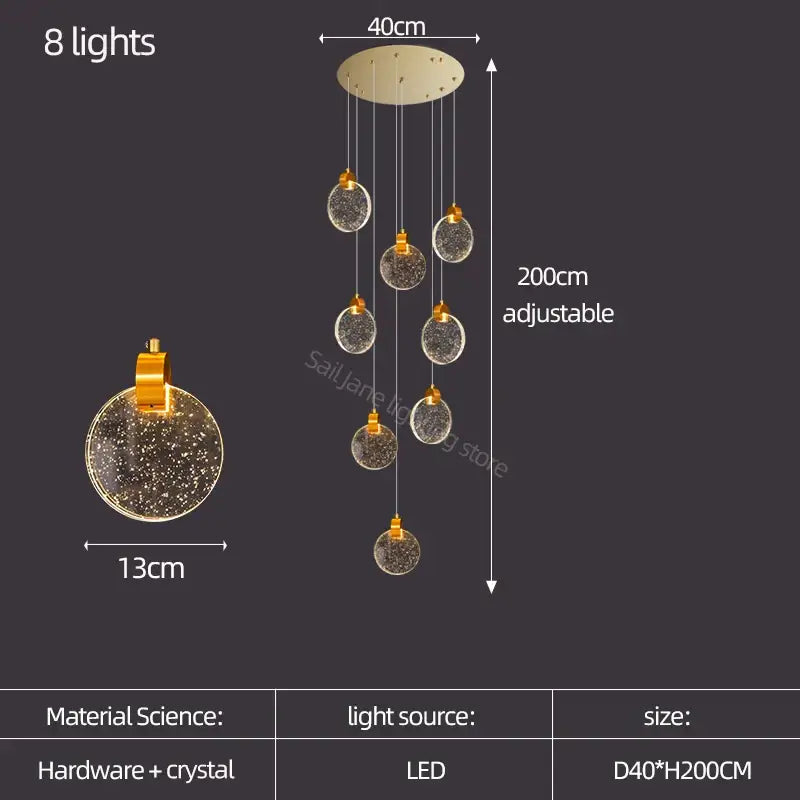 Modern gold crystal led stair slinglight featuring eight sparkling crystal globe lights in a circular gold base decorbites crystal led