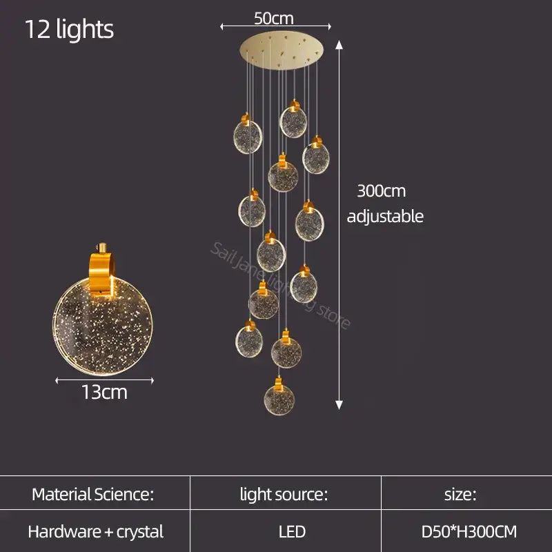 Modern gold crystal led stair slinglight with 12 hanging crystal globes and adjustable height up to 300cm by decorbites crystal led