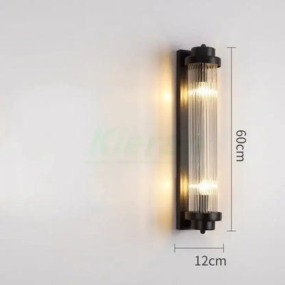 Modern gold crystal led wall lamp with black metal frame and vertical glass rods for elegant bedroom decorbites crystal led