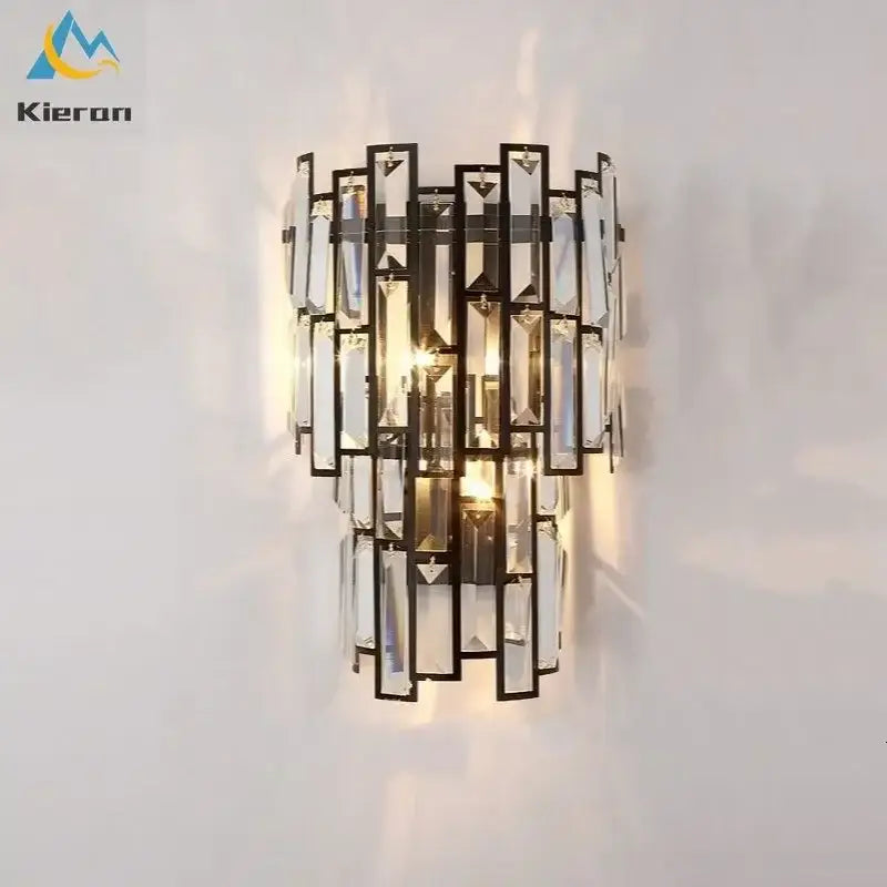 Modern black-framed wall lamp with cascading clear crystal prisms for elegant decorbites crystal led wall lighting