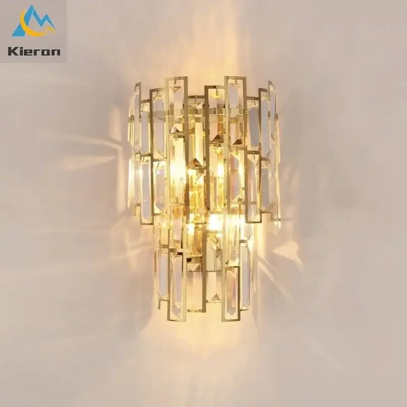 Modern gold crystal led wall lamp with vertical rectangular facets and geometric design for bedroom decorbites crystal led