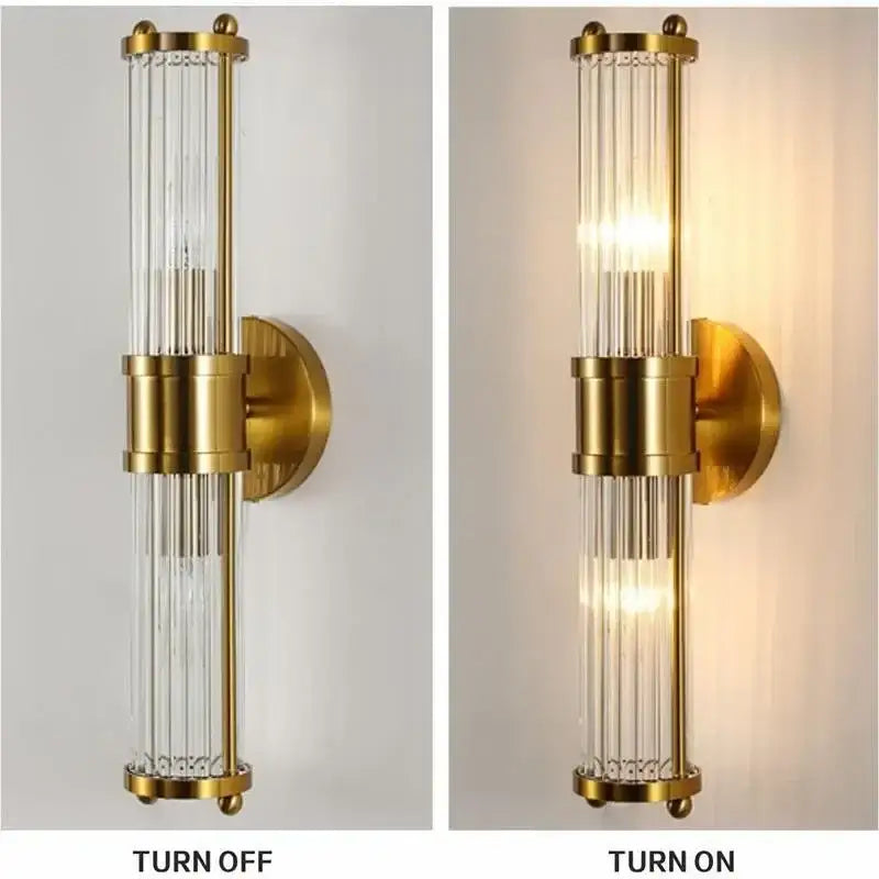 Modern gold crystal led wall lamp with vertical clear glass rods and cylindrical brass mounting plate for bedroom decorbites crystal led wall