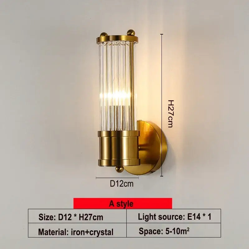Modern gold crystal led wall lamp featuring vertical crystal rods with brushed metal finish for elegant decorbites crystal led lighting