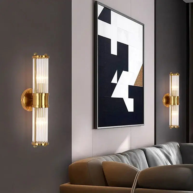 Modern gold crystal led wall lamp with vertical glass rods and sleek design ideal for bedroom decorbites crystal led wall