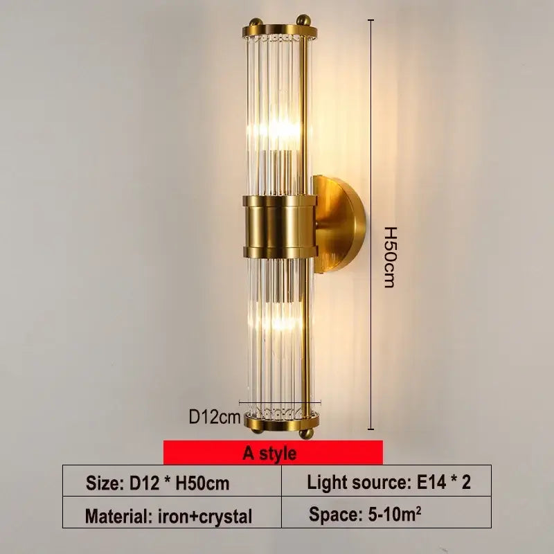 Modern gold crystal led wall lamp featuring vertical glass rods and a brushed metal frame for elegant decorbites crystal led lighting