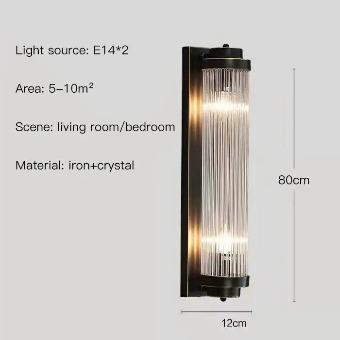Black iron and crystal led wall lamp with vertical glass prisms for modern bedroom decorbites crystal led lighting