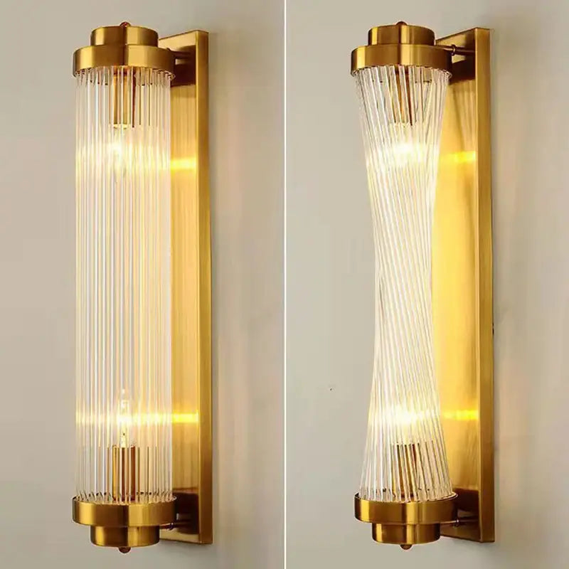 Modern gold crystal led wall lamp featuring vertical glass rods in straight and curved design for elegant decorbites crystal led decor