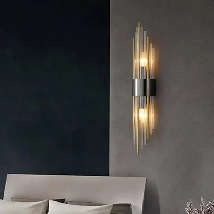 Modern gold crystal led wall lamp with slender transparent glass rods and brushed metal band for decorbites crystal led lighting
