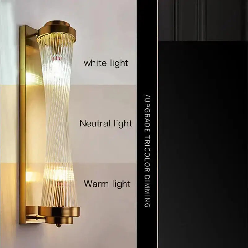 Modern gold crystal led wall lamp with cascading glass shade and three lighting modes for bedroom decorbites crystal led wall