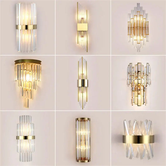 Modern gold crystal led wall lamp with clear crystal rods and elegant design for bedroom decorbites crystal led sconce
