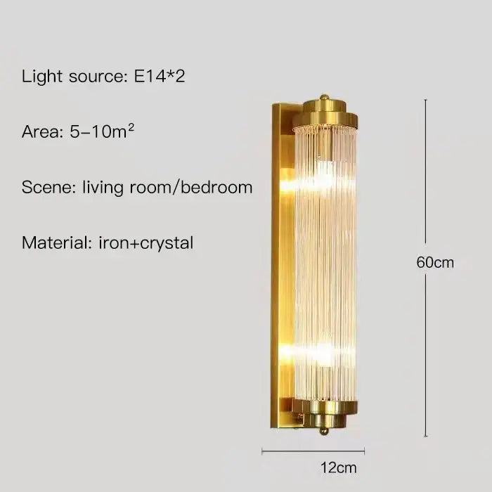 Modern gold crystal led wall lamp with vertical crystal rods and iron frame for elegant bedroom decorbites crystal led decor
