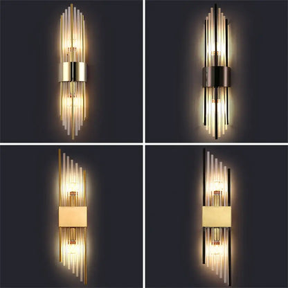 Modern gold crystal led wall lamp with vertical glass rods and metallic accents for elegant bedroom decorbites crystal led lighting