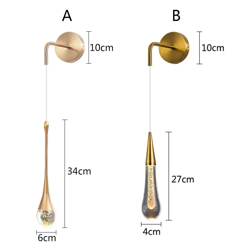 Modern gold crystal led wall lamp teardrop sconce with clear glass and golden glitter by decorbites in two sizes