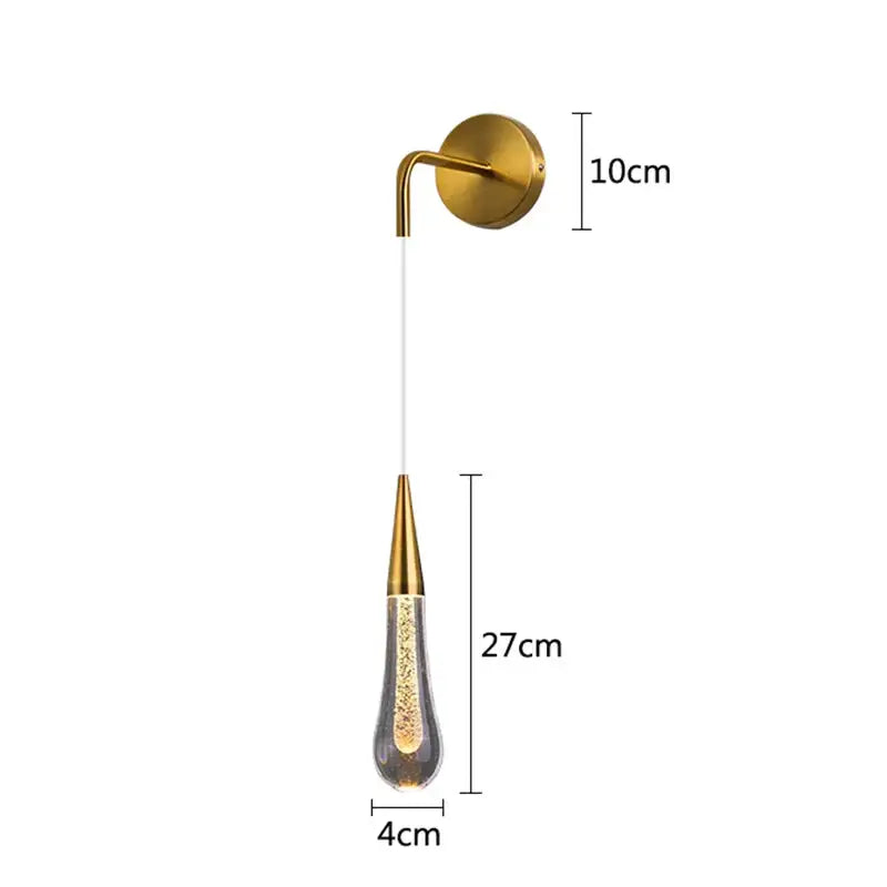 Modern gold crystal led wall lamp featuring a teardrop glass pendant with glittering particles for elegant decorbites crystal led wall decor