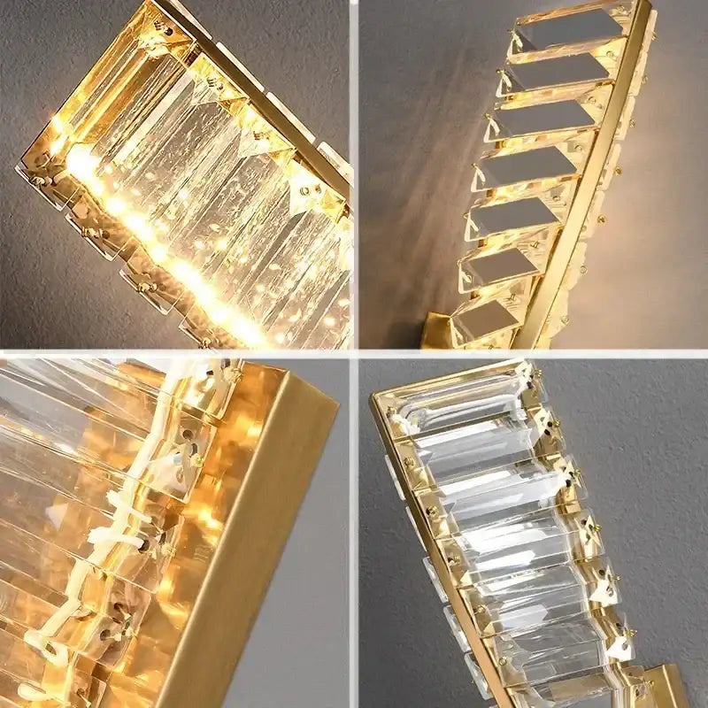 Modern gold crystal led wall lamp with faceted clear crystal panels for luxury bedroom lighting decorbites crystal led wall lamp