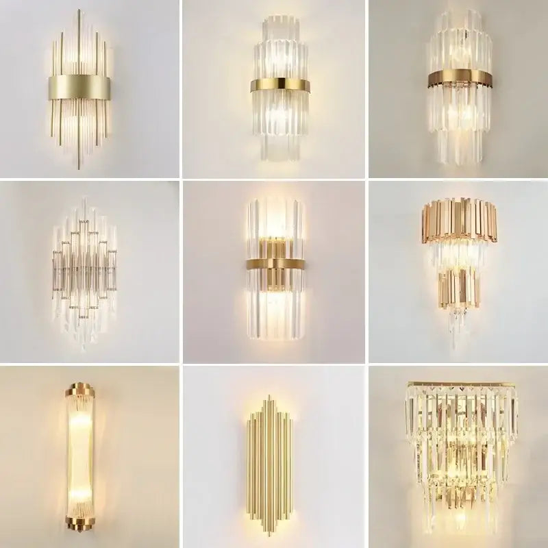 Modern gold crystal led wall lamps featuring cascading clear rods for elegant bedroom lighting wall lamps