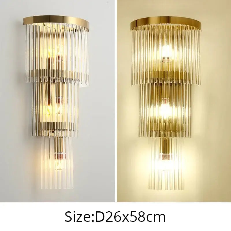 Modern gold led wall lamps featuring cascading clear glass rods for elegant bedroom lighting