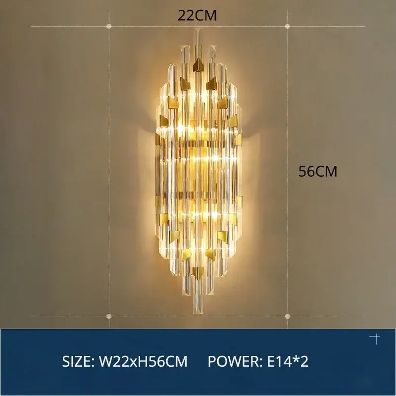 Modern gold crystal led wall lamp with vertical rods and two e14 bulbs for elegant bedroom lighting