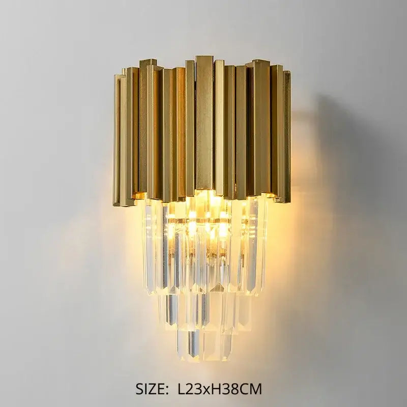 Modern gold crystal led wall sconce with vertical brass bars and cascading prisms ideal for bedroom wall lamps