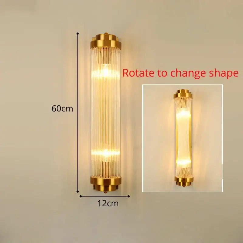 Modern gold-toned wall lamps with vertical glass rods featuring sleek led wall design for bedroom use