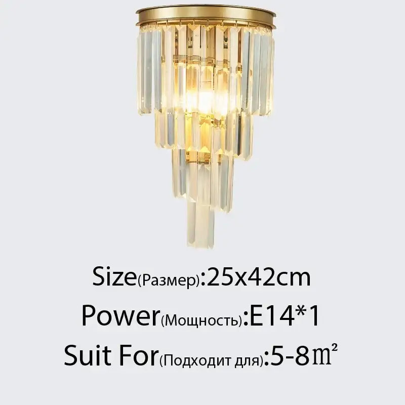 Gold-toned modern led wall lamps with cascading clear crystal prisms ideal for bedroom sconce lighting