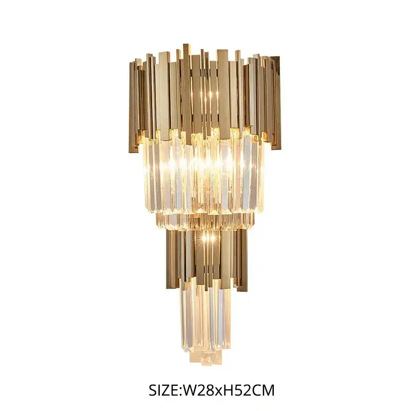 Modern gold crystal led wall lamp featuring cascading tiers of polished metal rods and clear crystal prisms