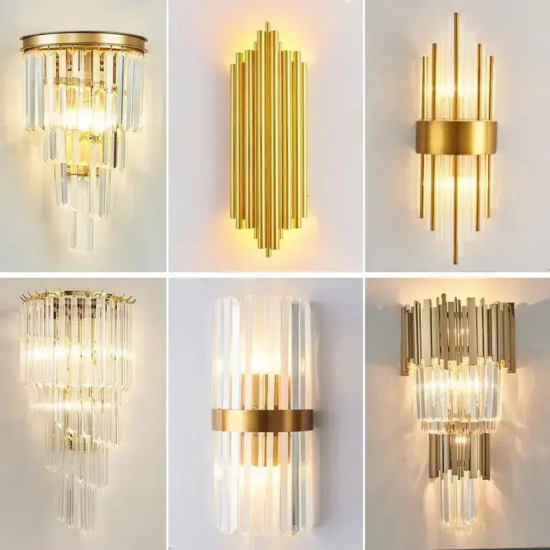 Modern gold crystal led wall lamps featuring gold-toned sconces with cascading clear glass rods for bedroom lighting