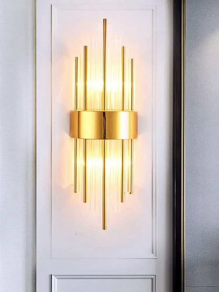 Modern gold crystal led wall lamp featuring vertical glass rods and a central circular accent for bedroom use