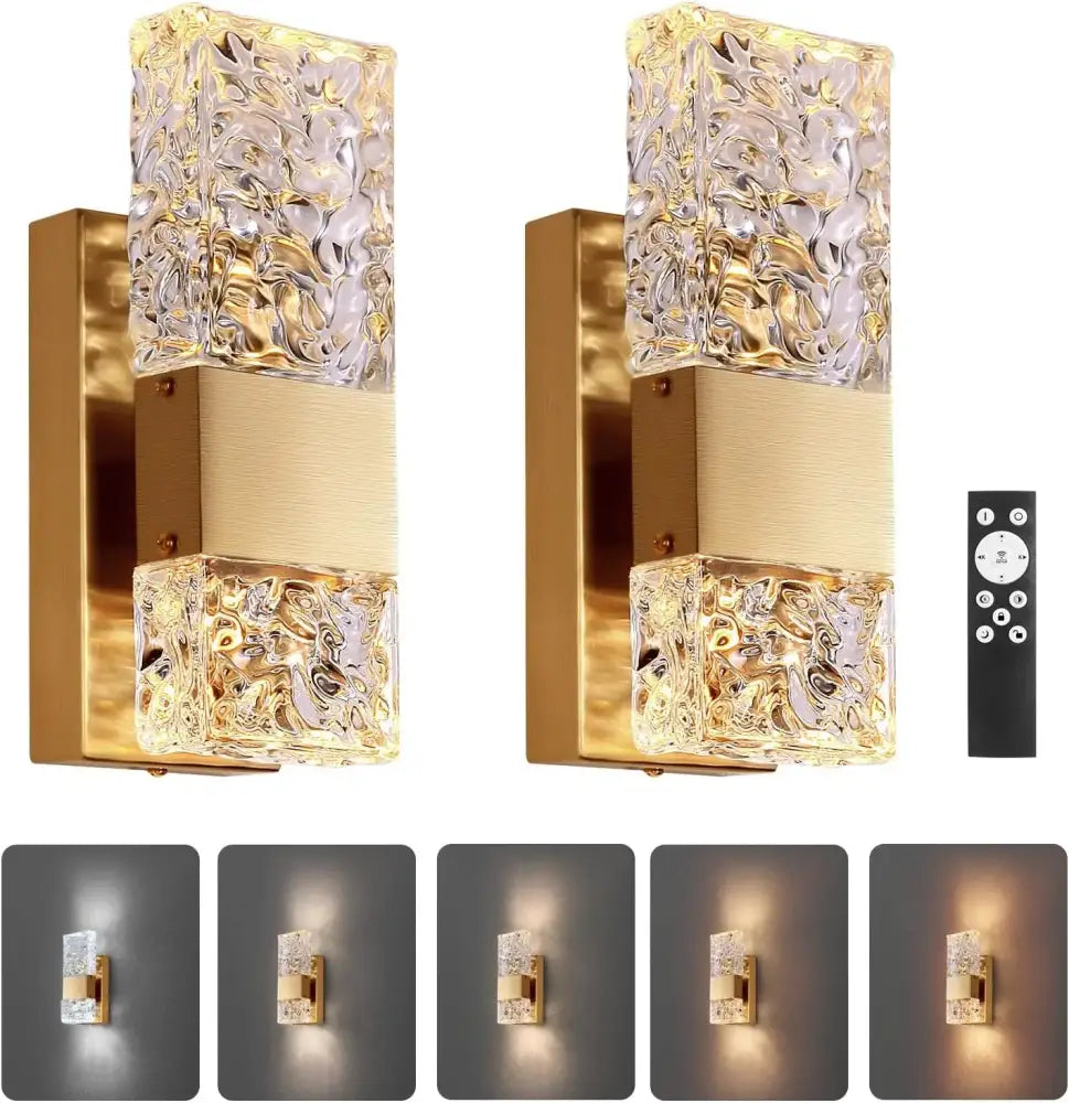 Modern gold crystal led wall light with textured clear glass cubes emitting warm light for bedroom decorbites crystal led