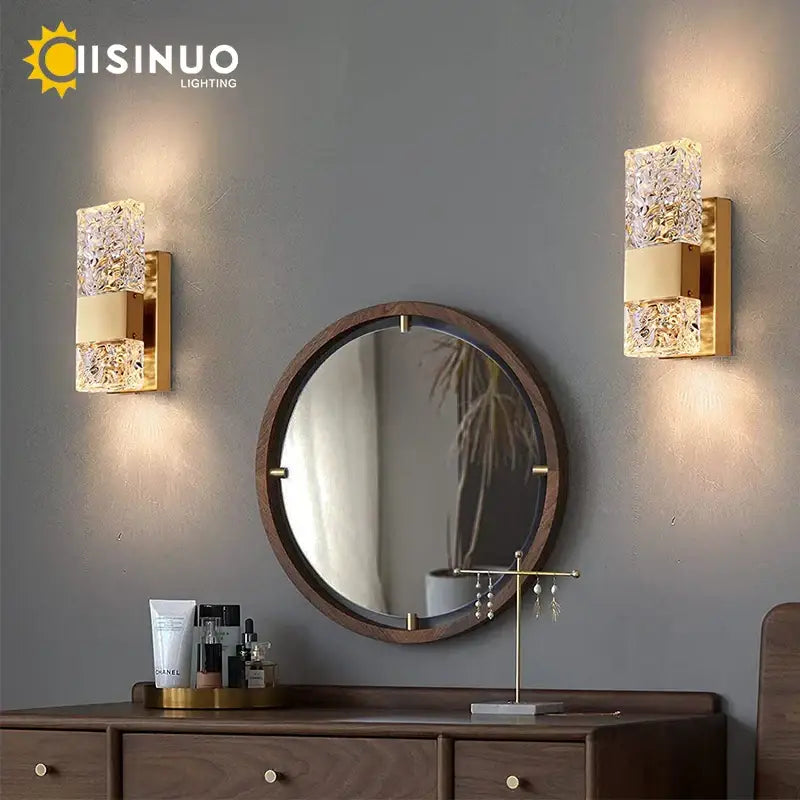 Modern gold crystal led wall light featuring faceted crystal accents with dimmable gold-finished wall light decorbites crystal led