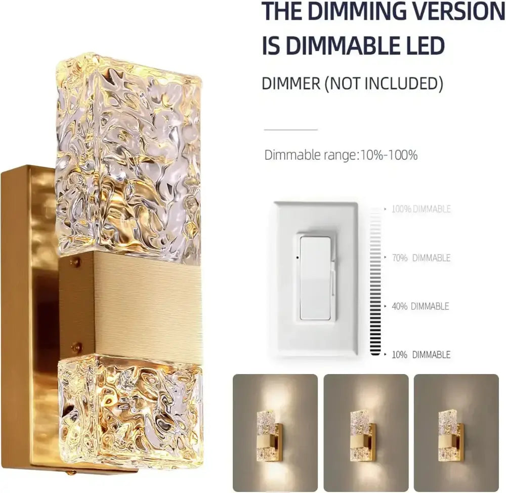 Modern gold crystal led wall light with textured translucent glass cubes emits warm glow for bedroom decorbites crystal led wall