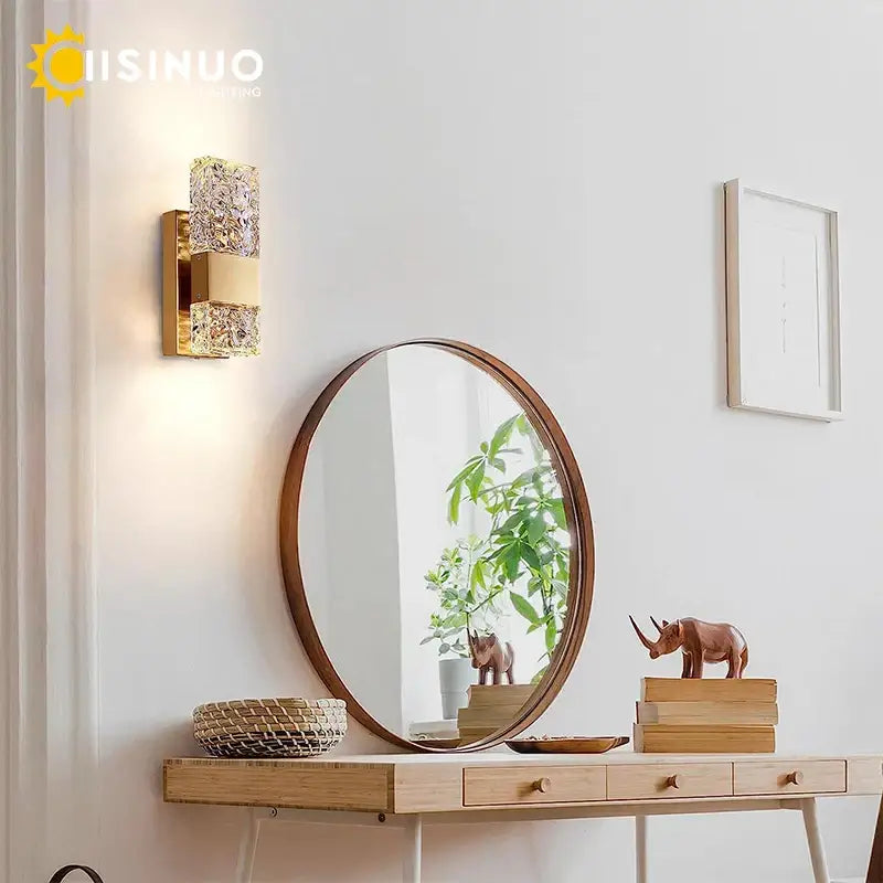Modern gold crystal led wall light with textured rectangular glass panel dimmable sconce for bedroom decorbites crystal led