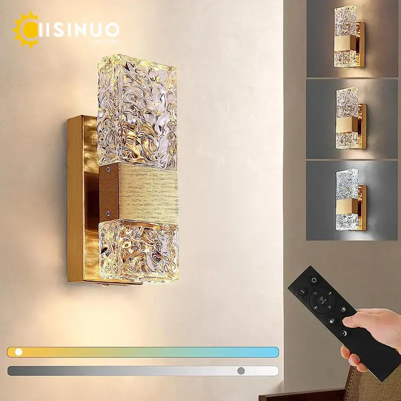 Modern gold crystal led wall light with textured translucent glass panels and brushed metal base for bedroom decorbites crystal led sconce
