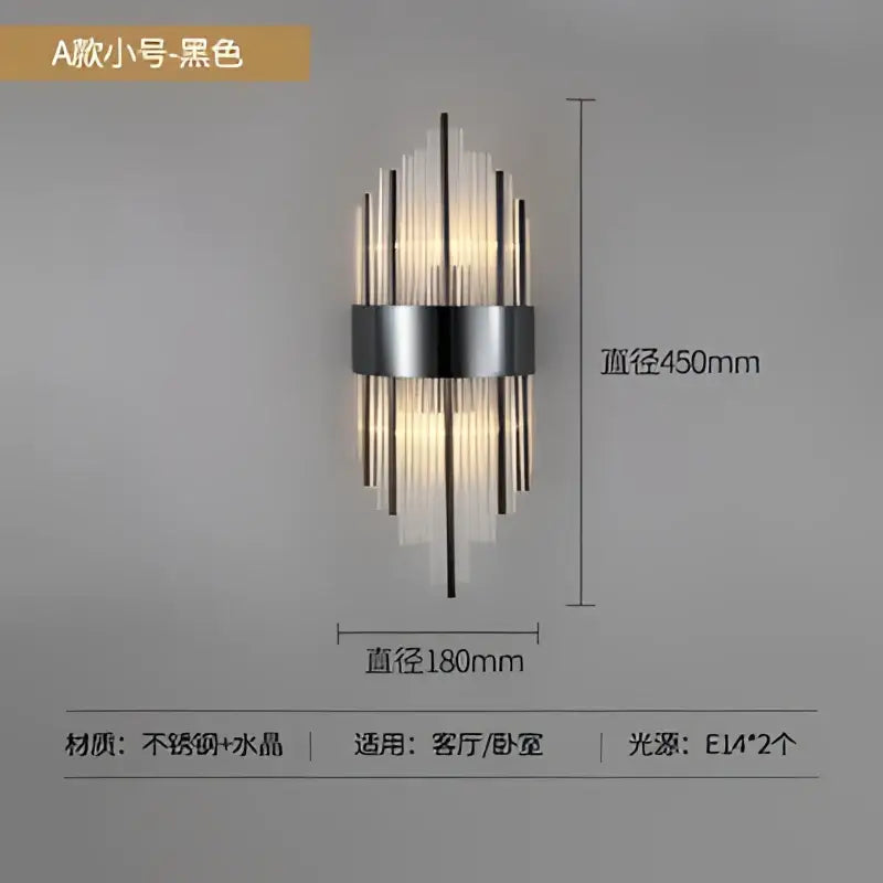 Black wall sconce with vertical crystal rods and stainless steel band for modern decorbites crystal led wall light