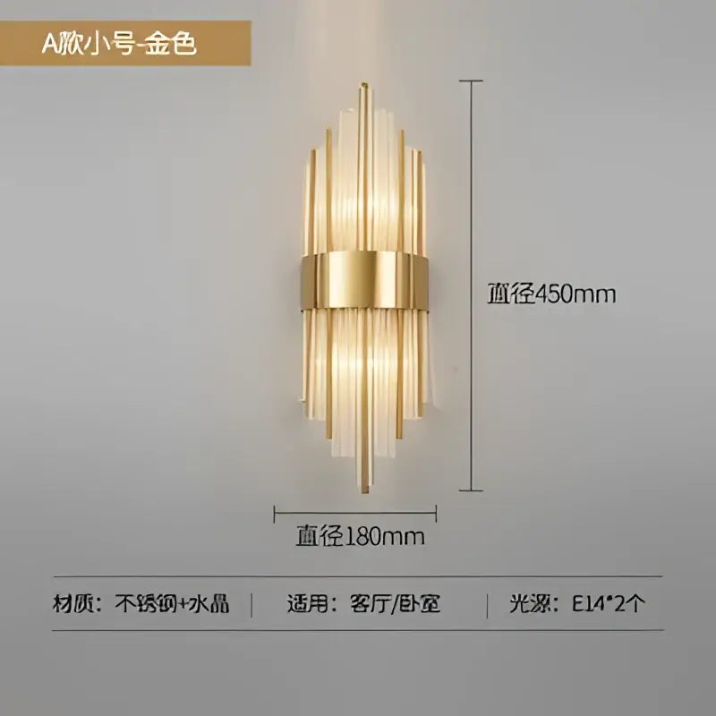 Modern gold crystal led wall light with vertical glass rods and stainless steel central band for living room decorbites crystal led