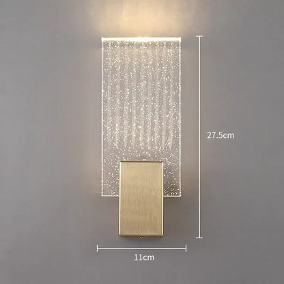 Modern gold crystal led wall sconce with rectangular acrylic panel and brushed gold base for bedroom lighting